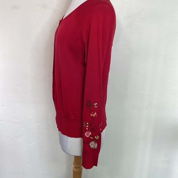 August Silk Knits Red Cartigan Embroidery Sequins Sleeve Back Floral Designs - Picture 5 of 12